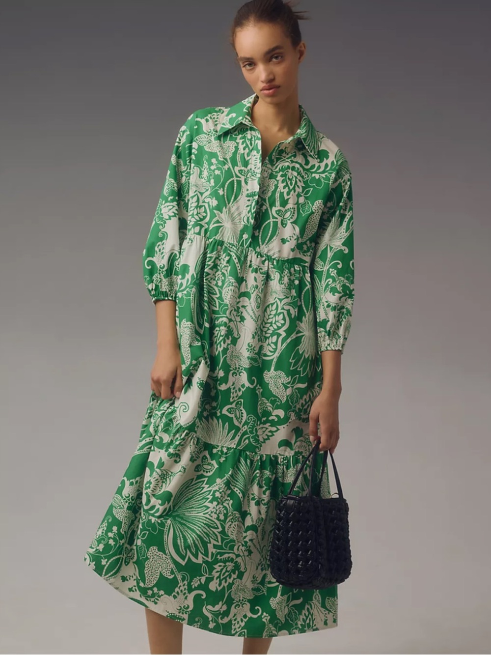 Anthropologie Maeve Green and White Floral Tiered Dress
